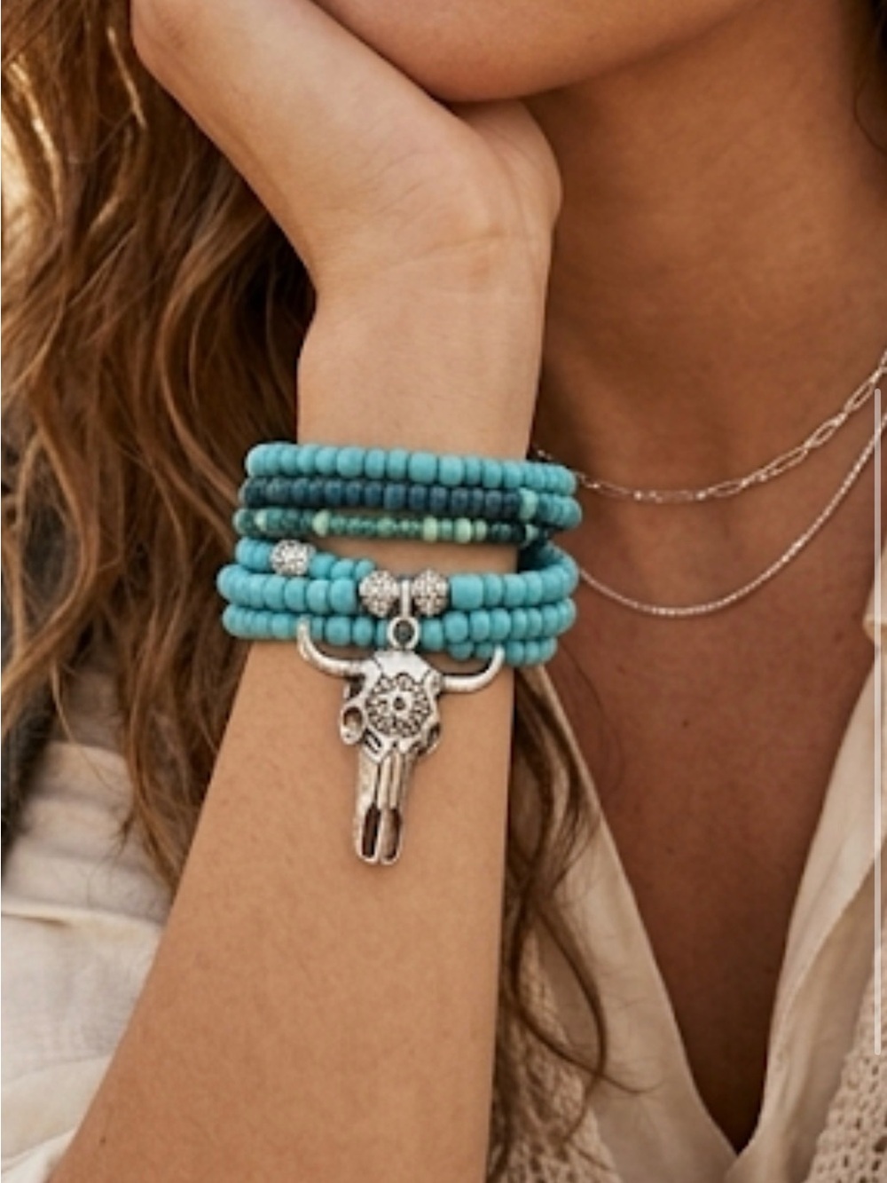 Artisan Turquoise Beaded Multi‑Wrap Bracelet with Silver Bull Skull Charm